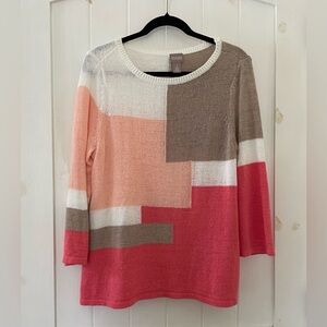 Chico’s Fun Spring Pink Coral Sweater Pullover Size M 3/4 Sleeves Cotton Blend
